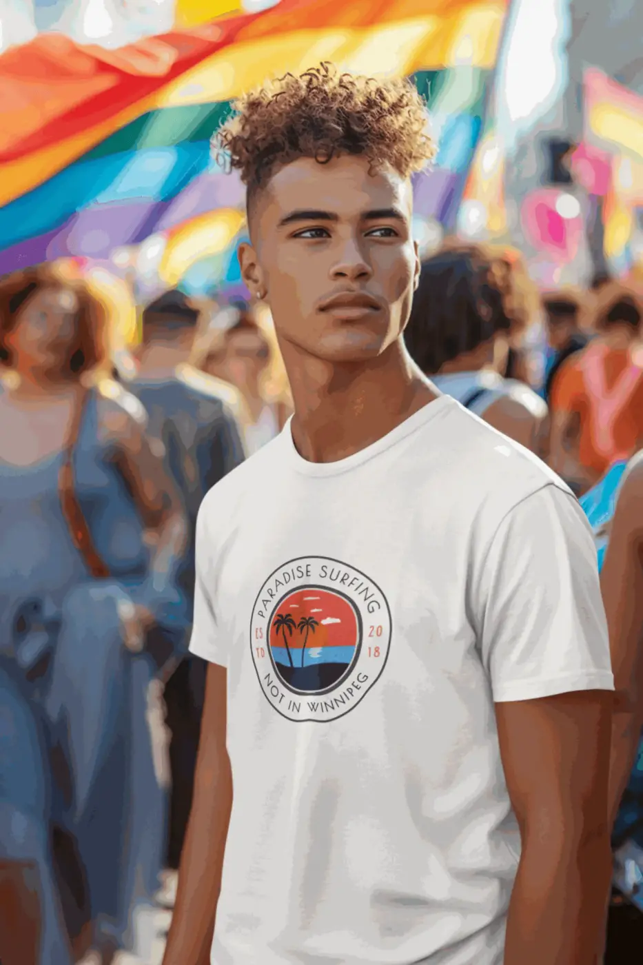White cotton t-shirt featuring a paradise surfing graphic with palm trees and sunset, a funny surfing t shirt canada
