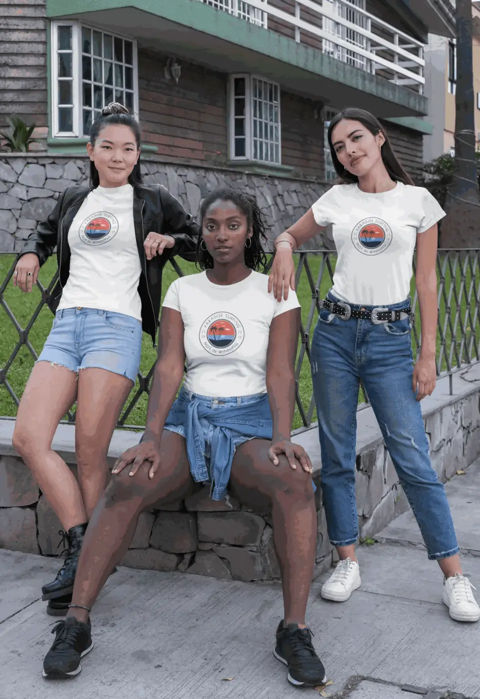 White short-sleeved 100 percent cotton t-shirt with a sunset palm tree graphic and pure wash text, funny surfing t shirt canada