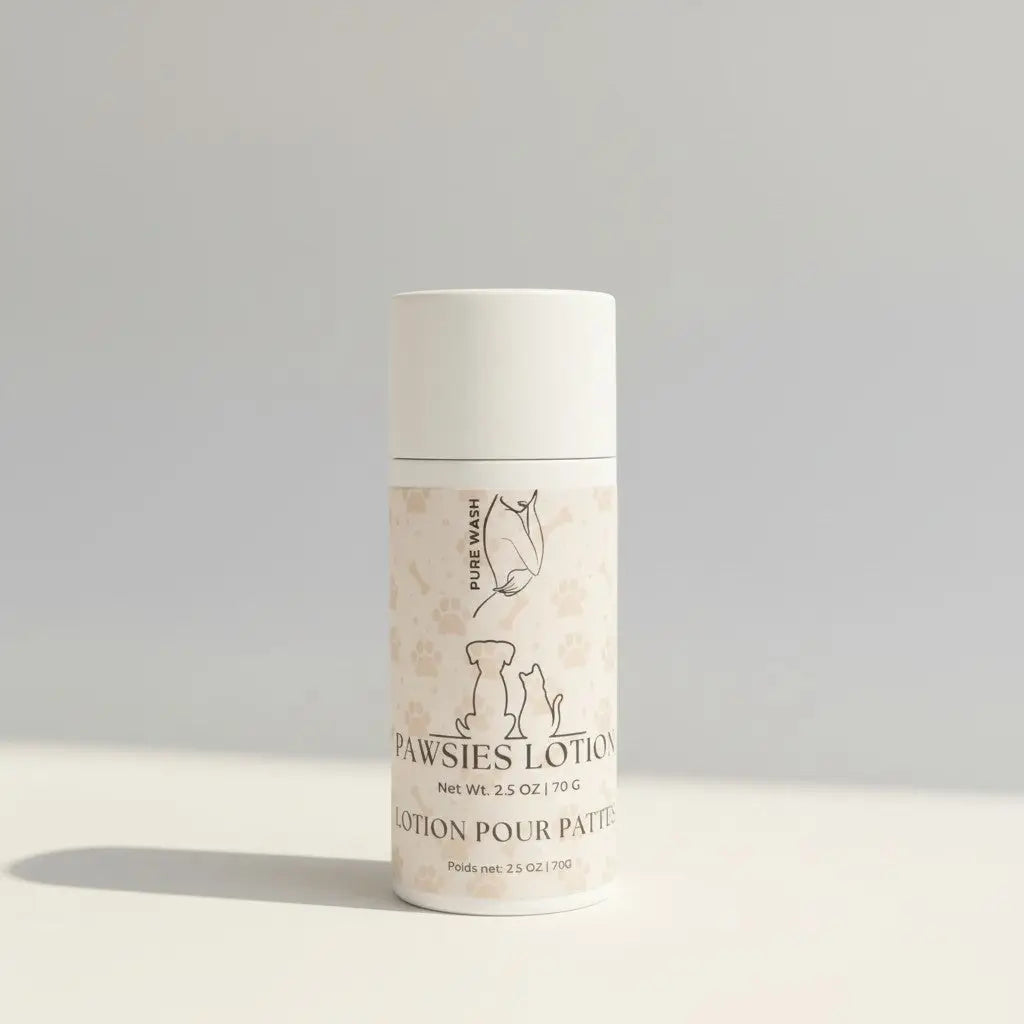 A sleek white cylindrical bottle of pawsies lotion bar with cacao butter and elegant paw print design for dry paws