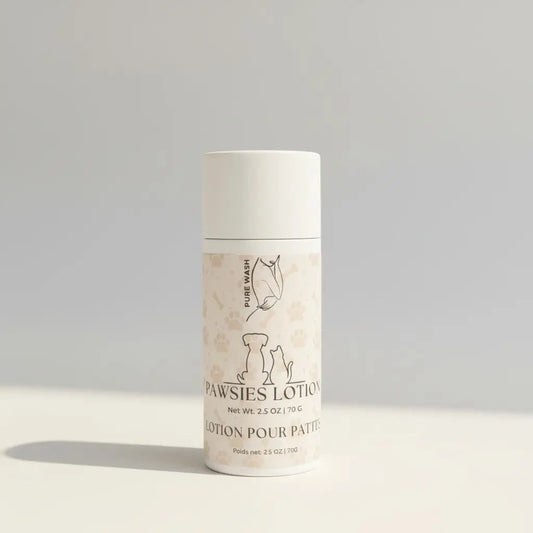 A sleek white cylindrical bottle of pawsies lotion bar with cacao butter and elegant paw print design for dry paws