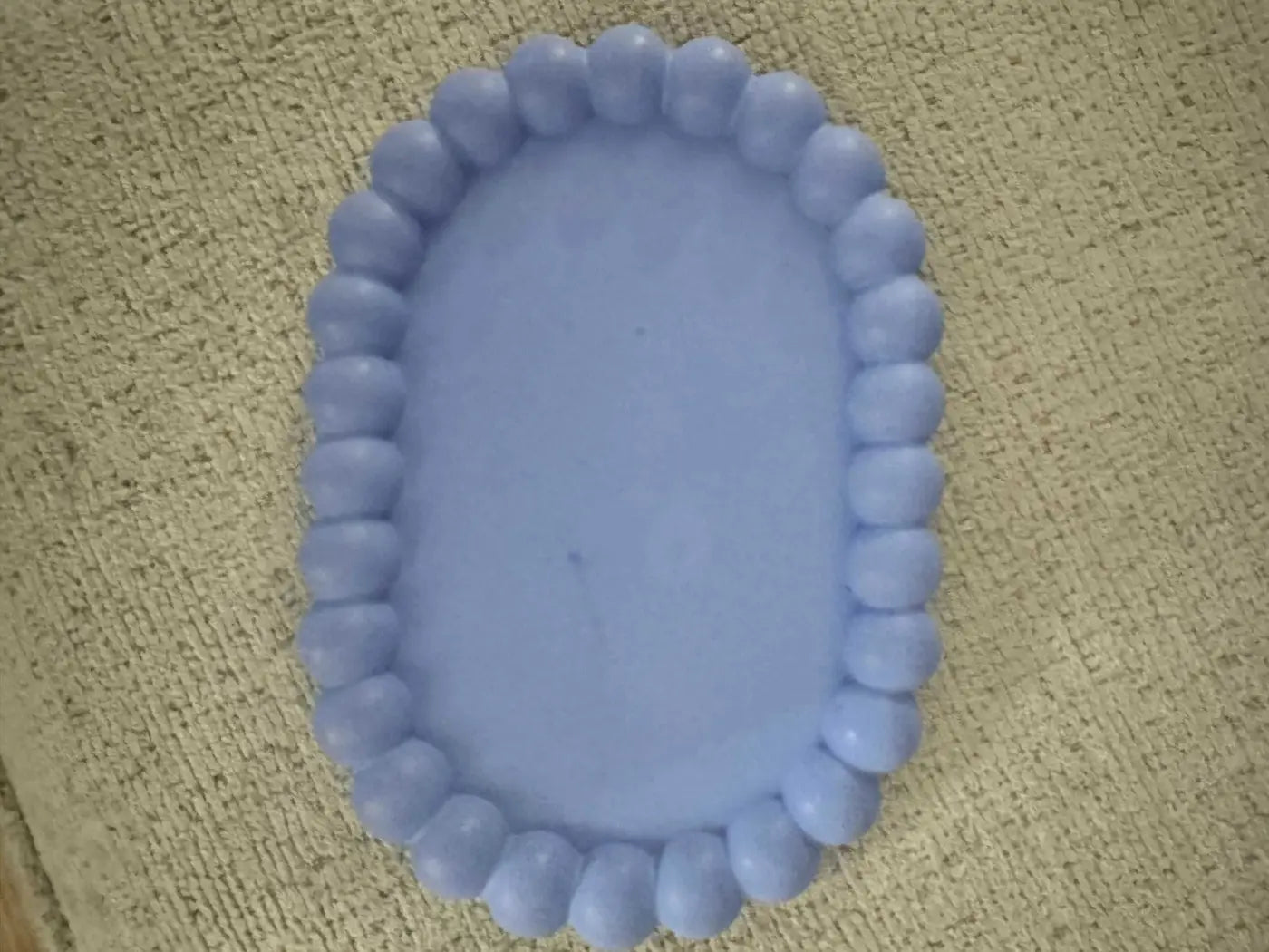 Light blue pearl oval tray soap dish with beaded border ideal for bathroom or kitchen use