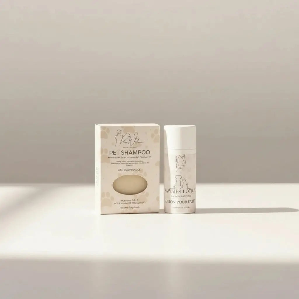 A minimalist white pet bundle with neem oil bar shampoo and pawsies lotion bar featuring silver foil detailing