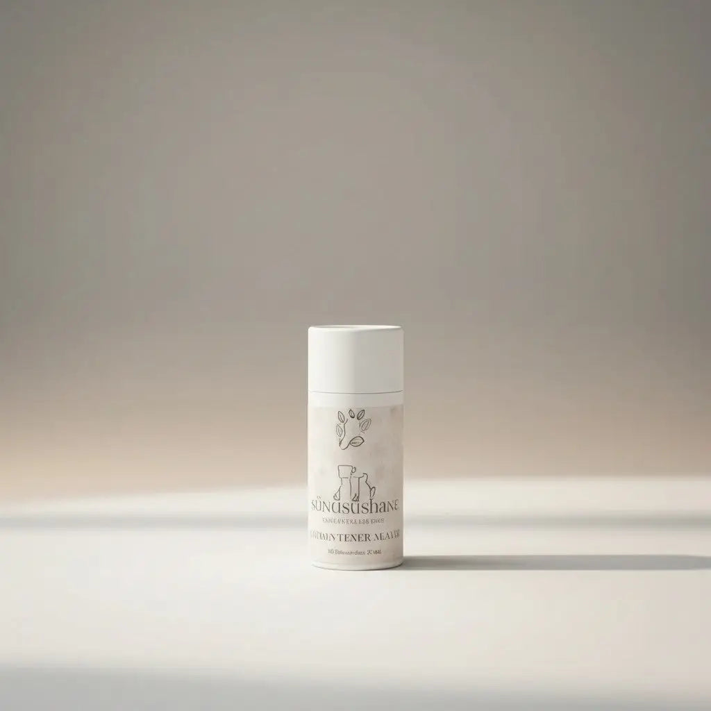A sleek white cylindrical container with minimalist botanical label and sunusushane brand for neem oil pet bundle shampoo