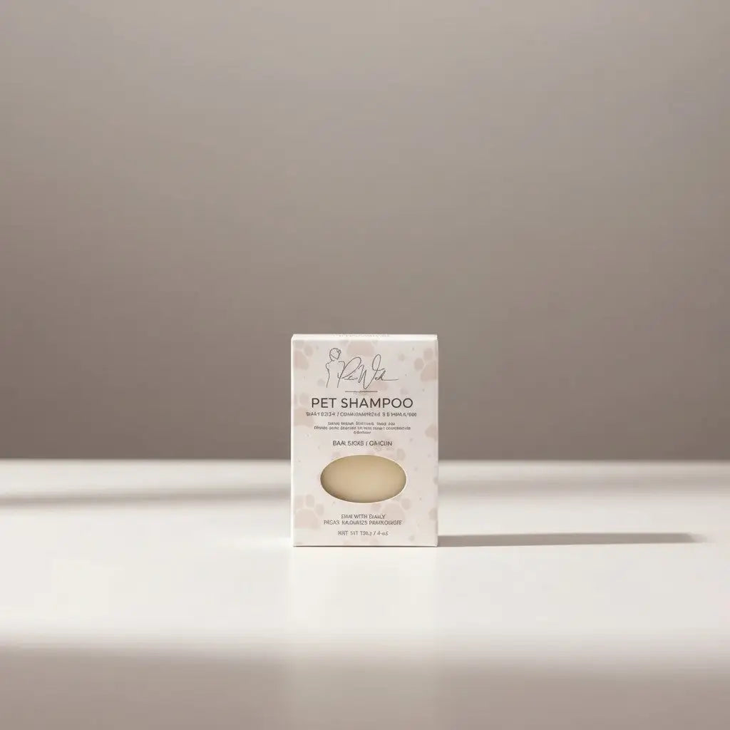 A white rectangular box containing a pale yellow pet bundle shampoo bar with neem oil and subtle floral design