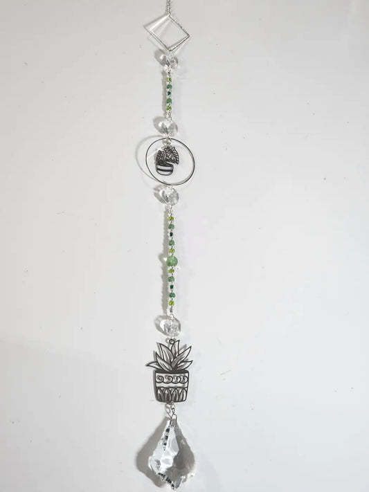 Silver-toned plant long suncatcher with clear crystal and green beads featuring potted plant charms and teardrop crystal