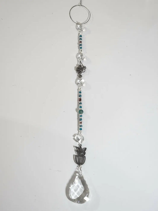 Plant long suncatcher with clear and teal beads, metallic plant charm, and teardrop crystal iridescent ornament