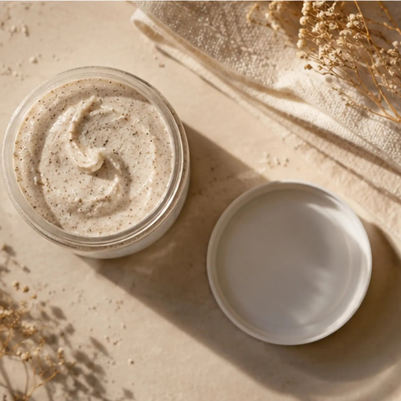 A clear glass jar of Polish It creamy exfoliant with dead skin–removing speckles and moisturizing cucumber seed oil