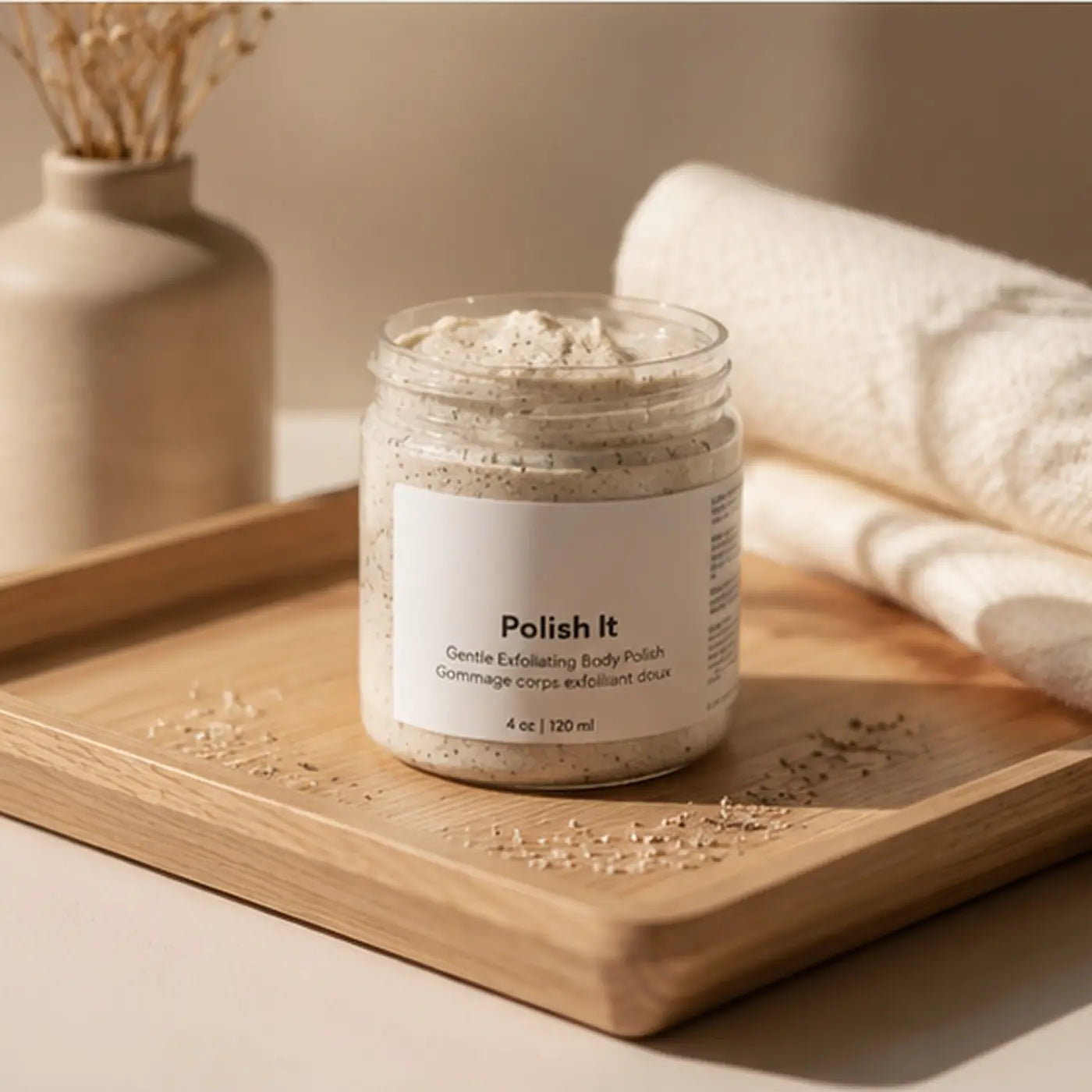A clear glass jar of polish it creamy exfoliant body polish with dead skin removal and cucumber seed oil benefits