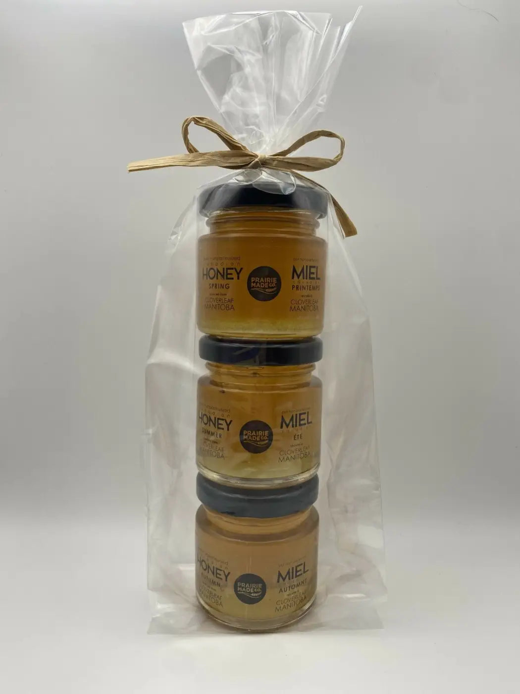 Prairie made season honey sampler - cg pure wash three stacked glass jars golden winnipeg canada