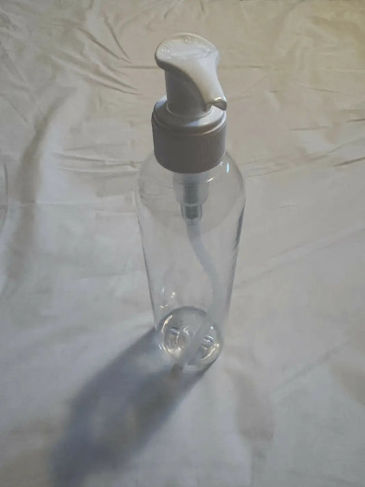 Clear 8 oz plastic pump bottle with a white pump top