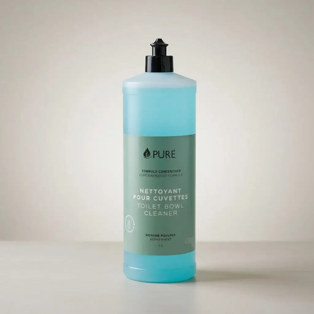 A translucent turquoise plastic bottle with black pump labeled pure toilet bowl cleaner in french and english for in-store refill