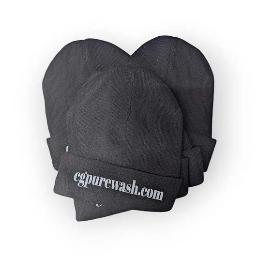 Black knit pure wash branded beanie with folded cuff displaying white cgpurewash.com text for wash branded beanie swag