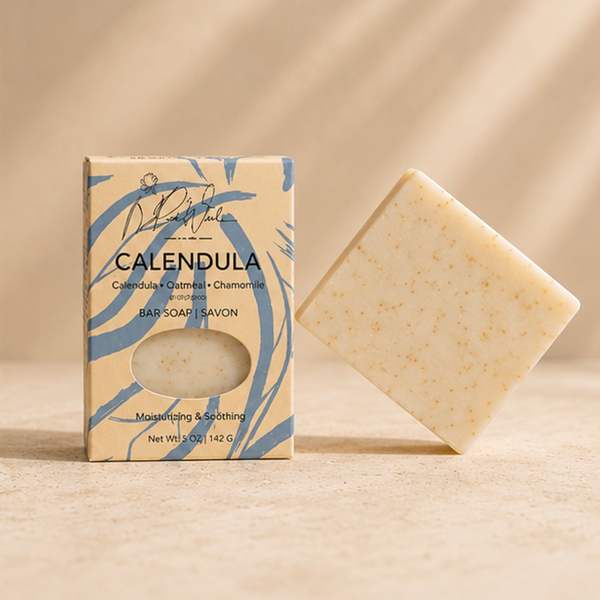 Pure Wash Calendula soap bar with oatmeal and chamomile in beige packaging on a neutral surface.