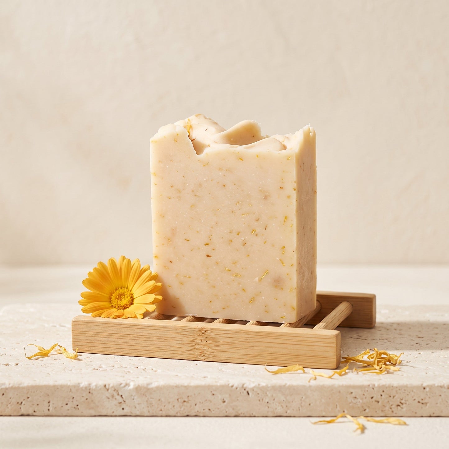 Pure Wash fragrance-free calendula soap bar with dried petals on a wooden soap dish for sensitive skin.