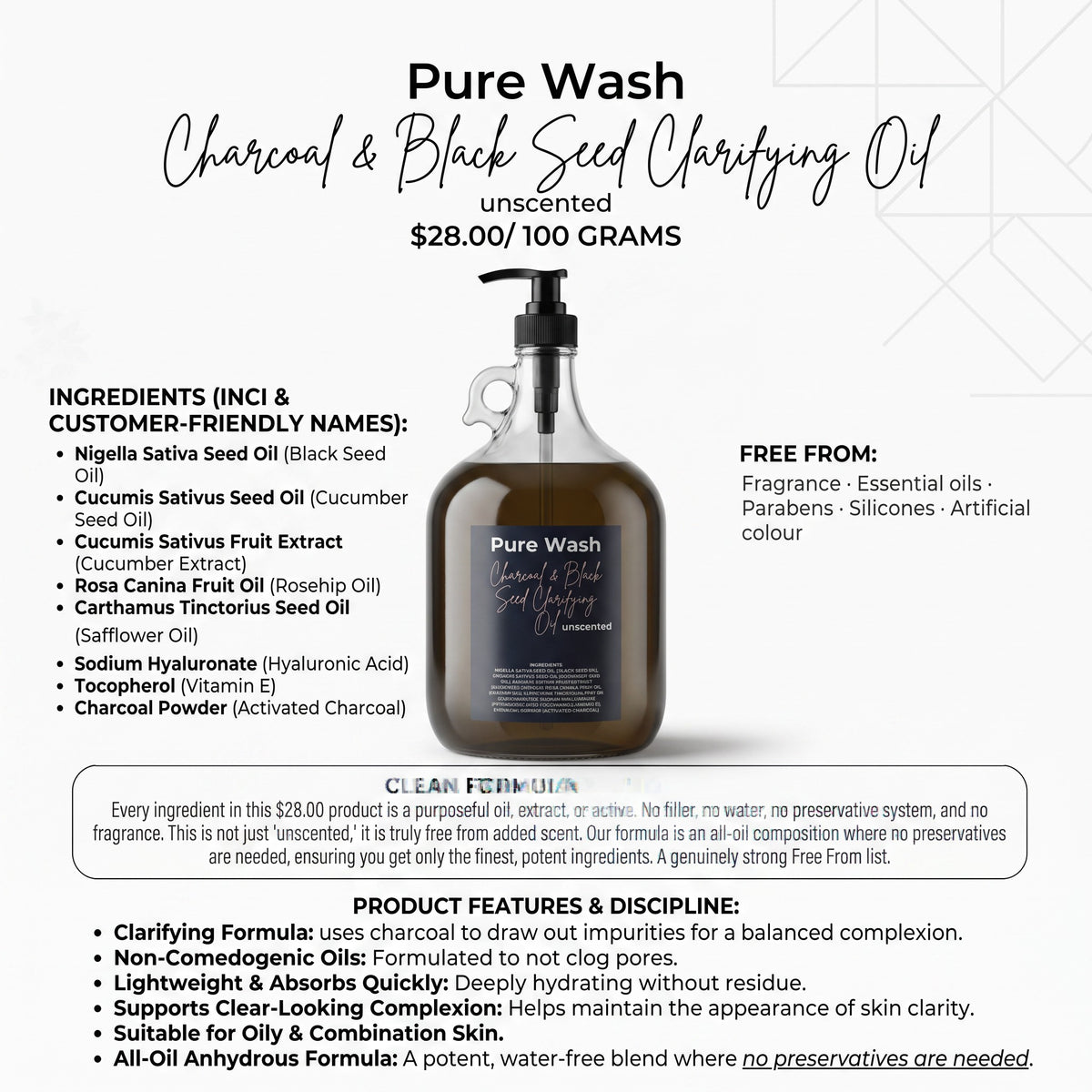 Pure Wash charcoal and black seed clarifying oil in a glass pump bottle for oily and blemish-prone skin