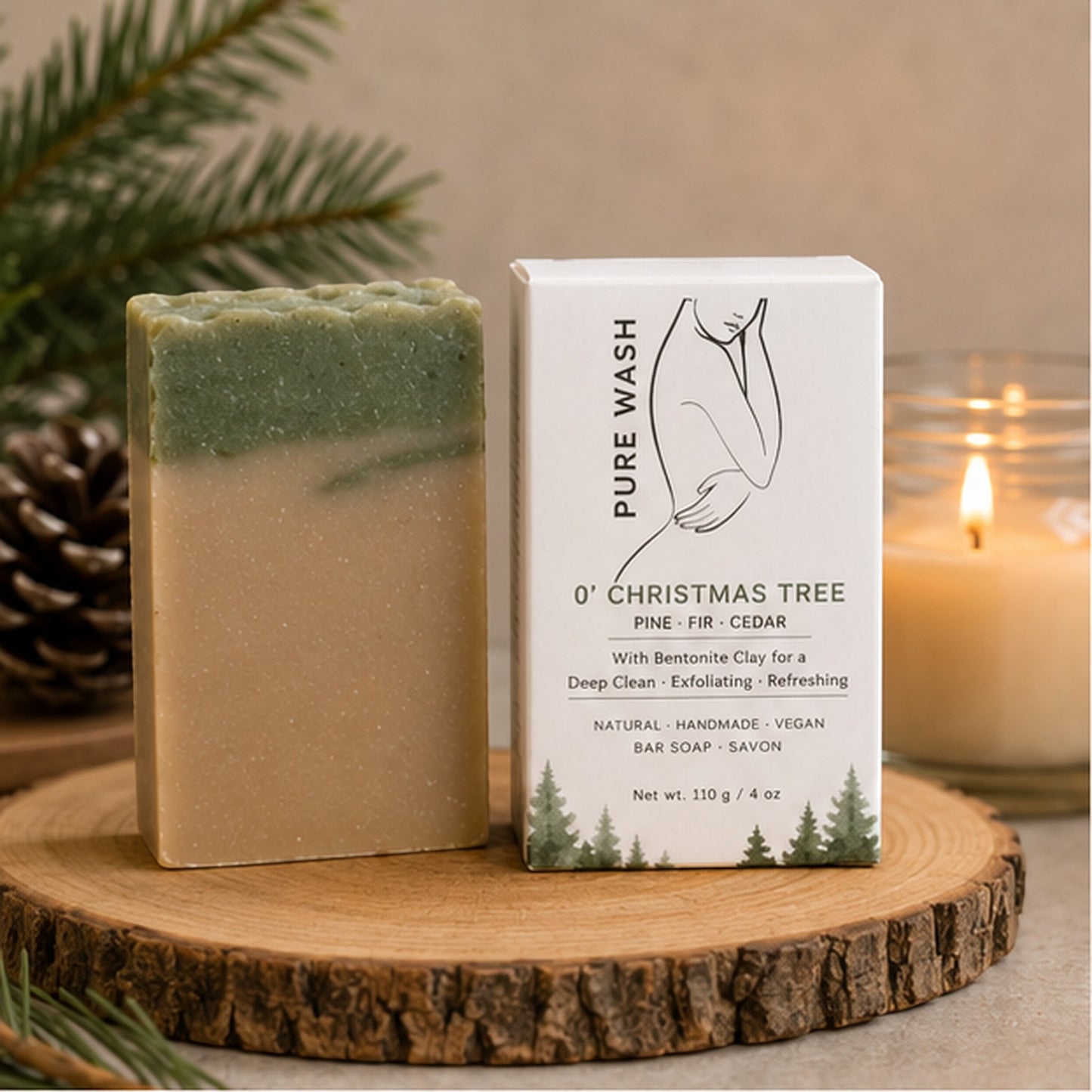 Pure Wash O’ Christmas Tree bar soap with green and beige layers, handmade with pine, fir, and cedar scents.