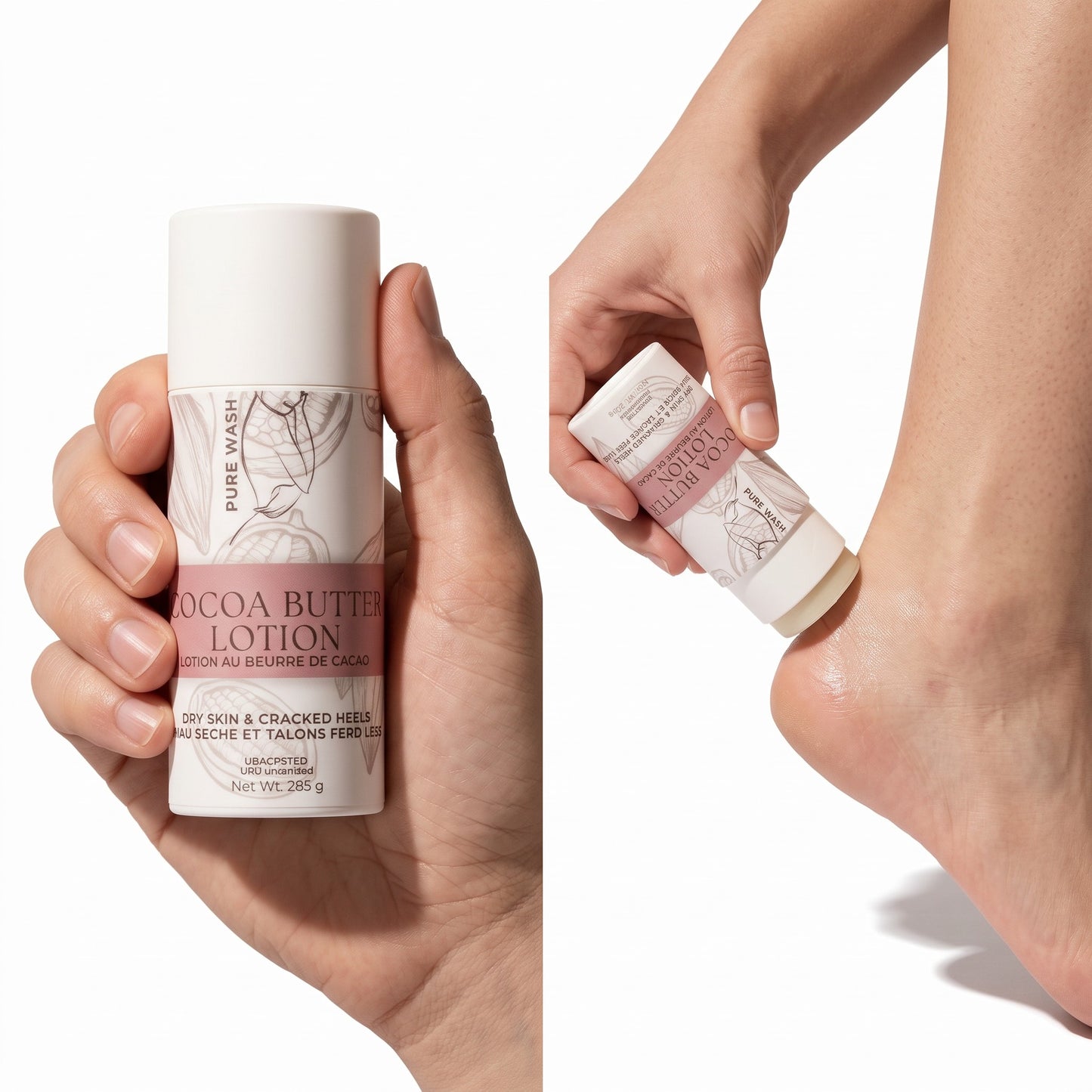 Pure Wash cocoa butter lotion stick being held and applied to a heel for dry skin relief
