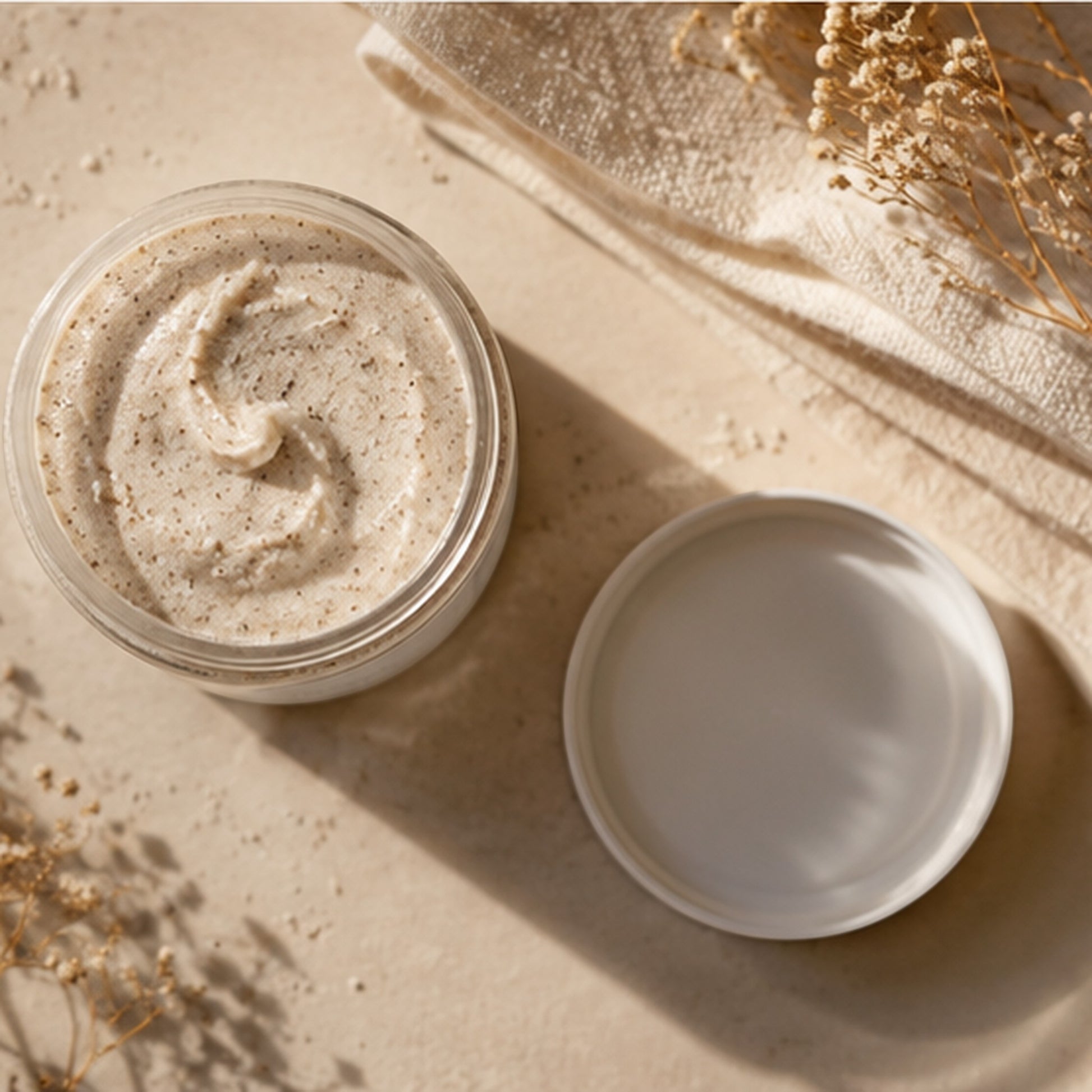 Pure Wash Polish It creamy exfoliant in an open jar with pumice stone powder texture on a neutral background