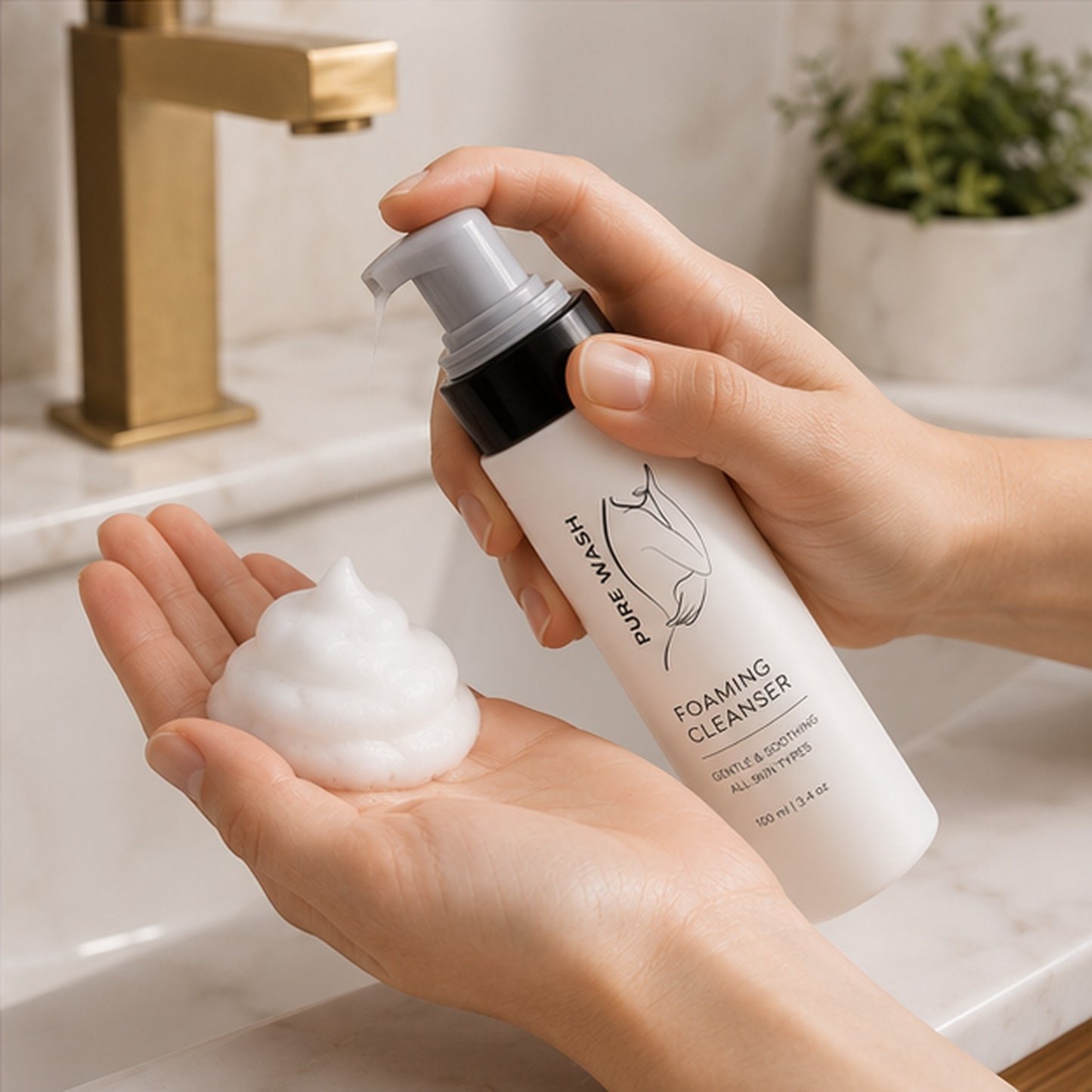 Pure Wash foaming hand soap in a white bottle with a pump dispenser, showing rich foam being applied to a hand.
