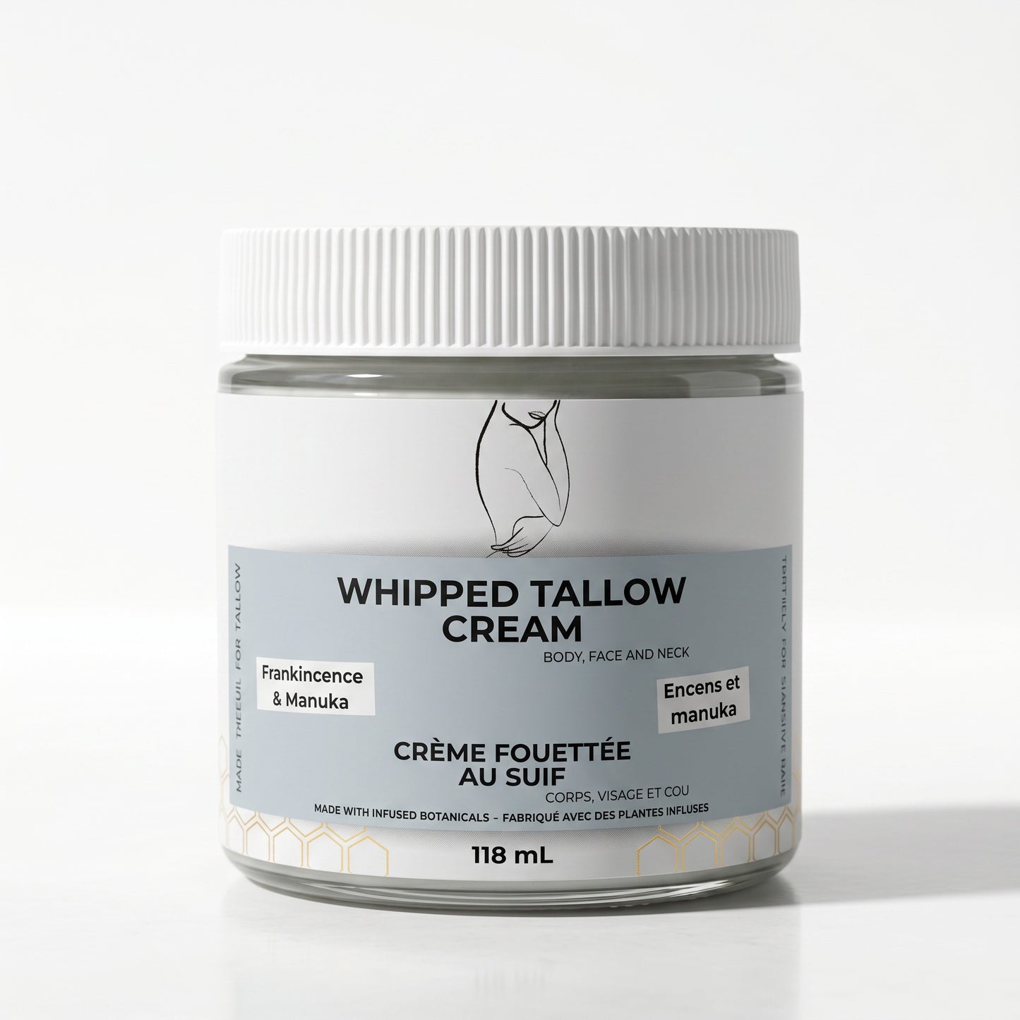 Pure Wash Frankincense & Manuka Tallow Cream in a 118ml glass jar with a white lid for face and body skincare.