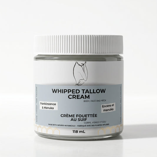 Pure Wash Frankincense & Manuka Tallow Cream in a 118ml glass jar with a white lid for face and body skincare.