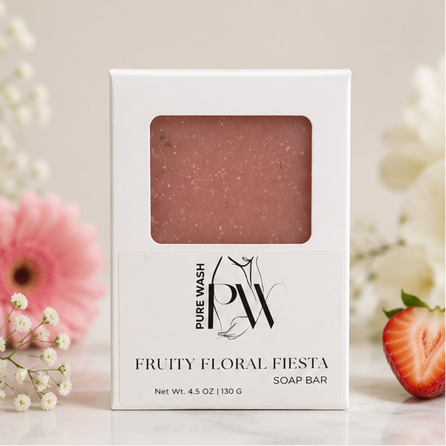 Pure Wash Fruity Floral Fiesta handmade soap bar in white box packaging with pink floral and strawberry accents