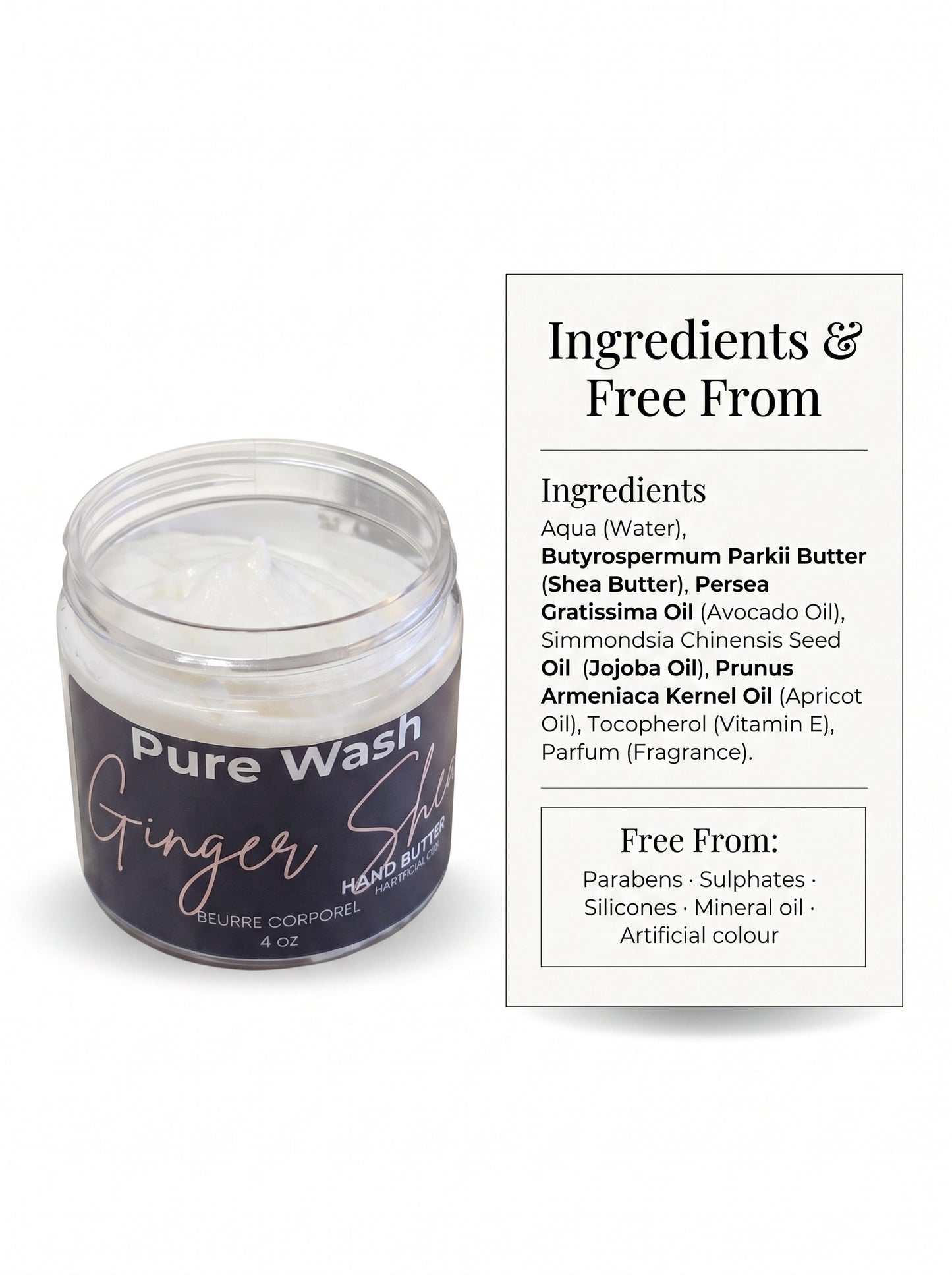 Pure Wash Ginger Shea hand butter in a clear jar with a black label, featuring shea butter and natural oils.