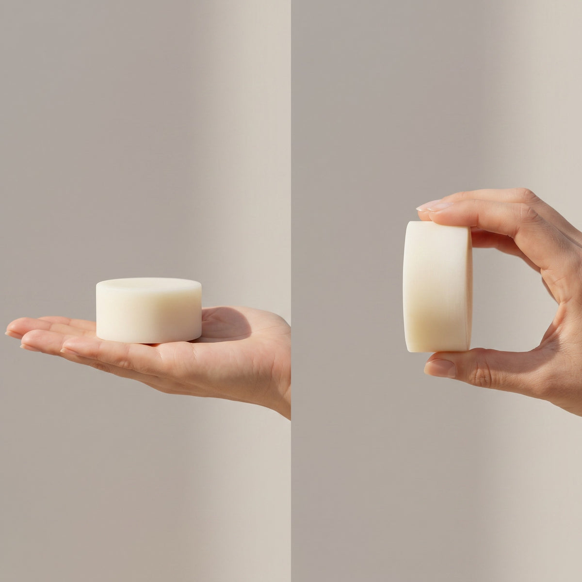 Pure Wash Lavender Chamomile solid conditioner bar held in hand, featuring shea butter and nourishing oils.