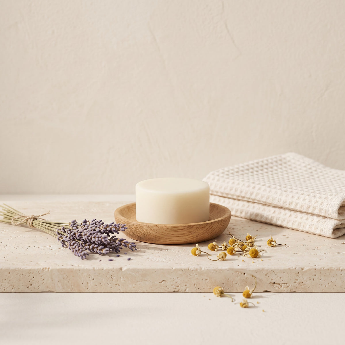 Pure Wash Lavender Chamomile conditioner bar on a wooden dish with dried lavender and chamomile flowers