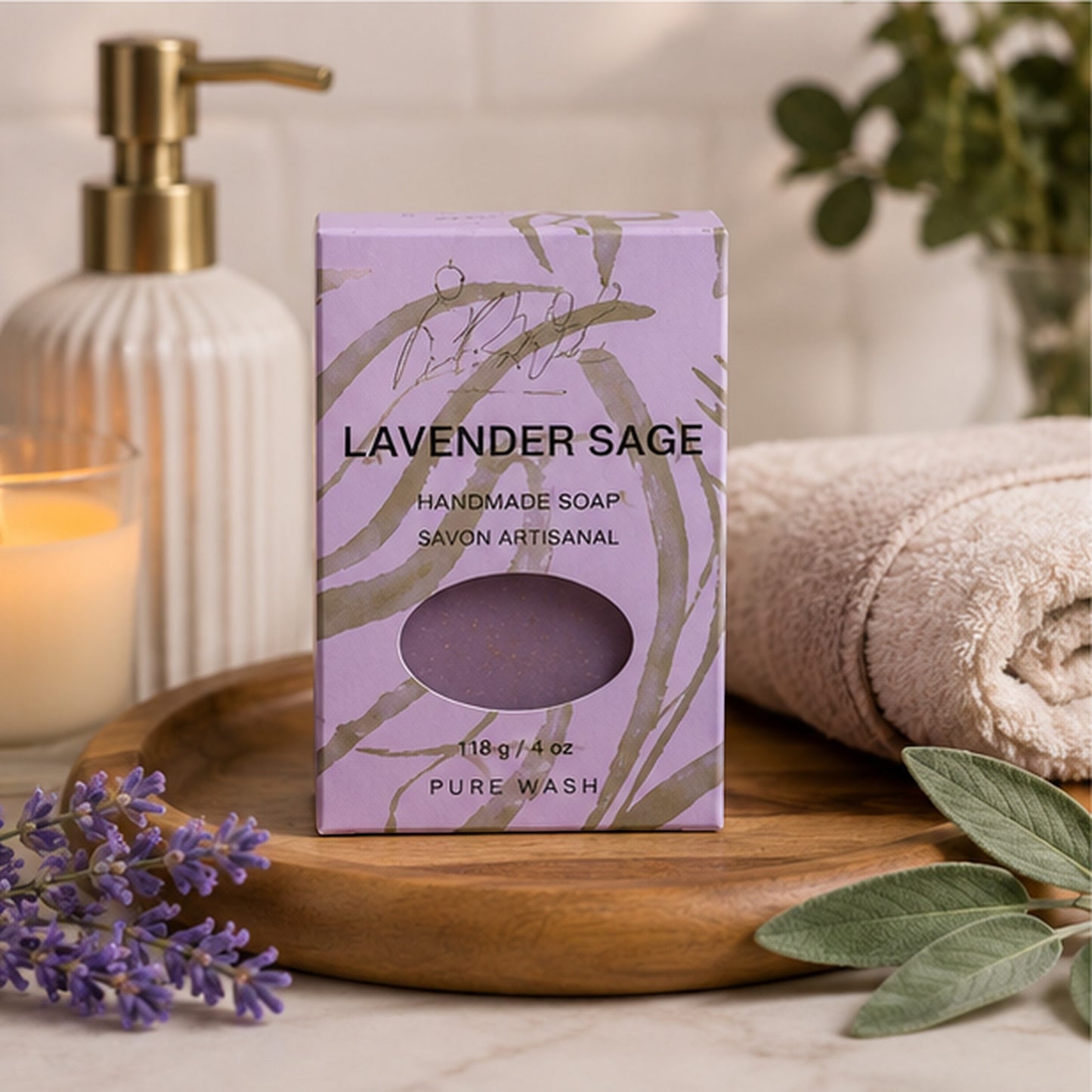 Pure Wash Lavender Sage handmade soap bar in purple packaging on a wooden tray with lavender sprigs and a candle.