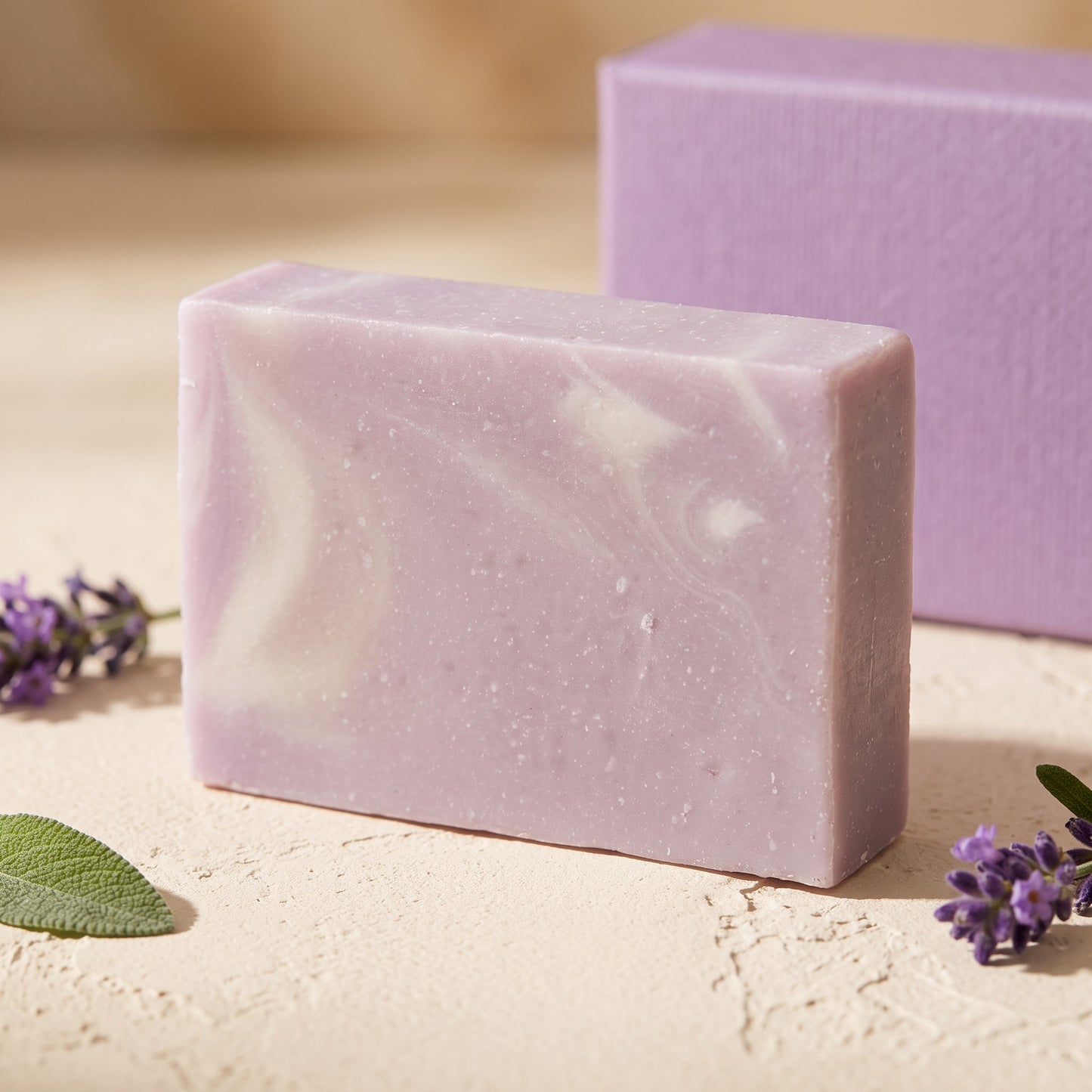 Pure Wash Lavender Sage soap bar with a purple marbled texture, displayed with fresh lavender sprigs and sage leaves.