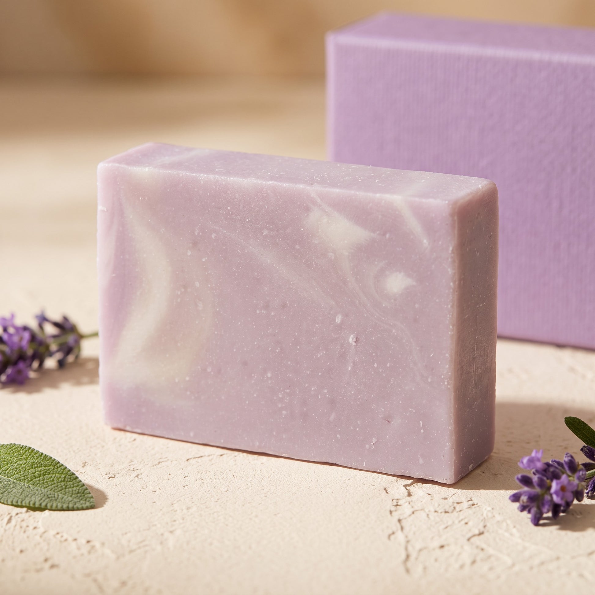 Pure Wash Lavender Sage soap bar with a purple marbled texture, displayed with fresh lavender sprigs and sage leaves.