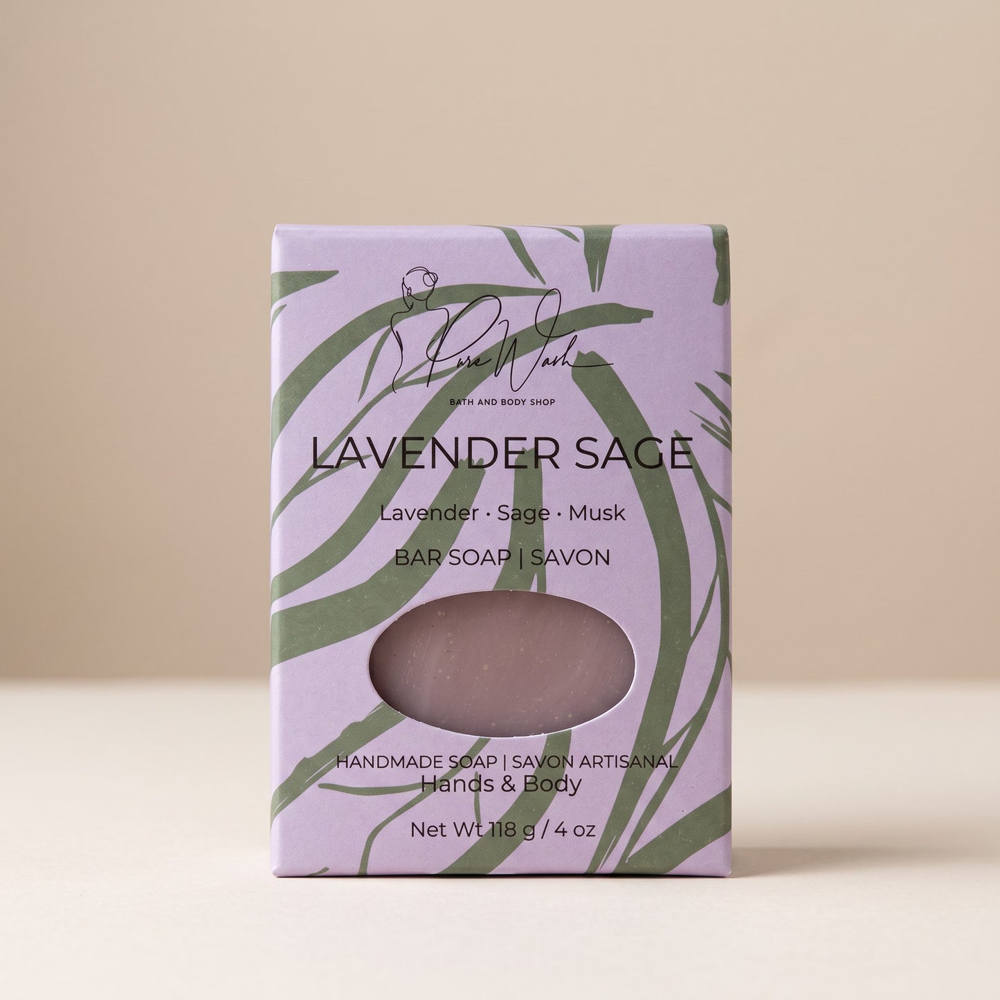 Pure Wash Lavender Sage soap bar in a light purple box with green leaf patterns and a cutout window.