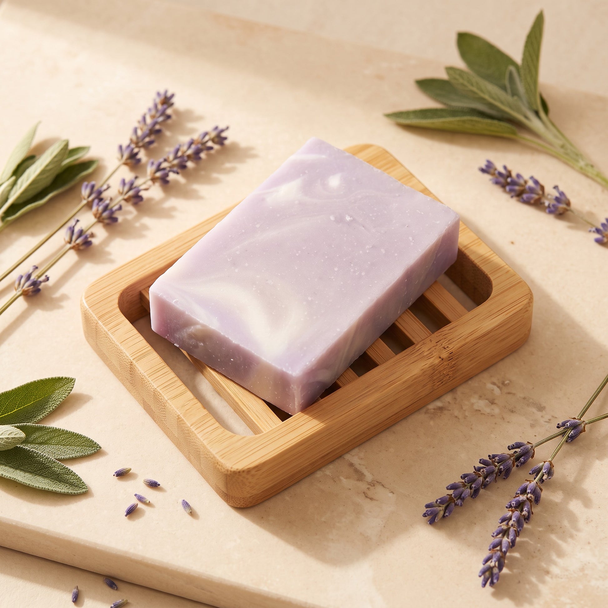 Pure Wash Lavender Sage soap bar on a wooden dish, surrounded by fresh lavender sprigs and sage leaves.