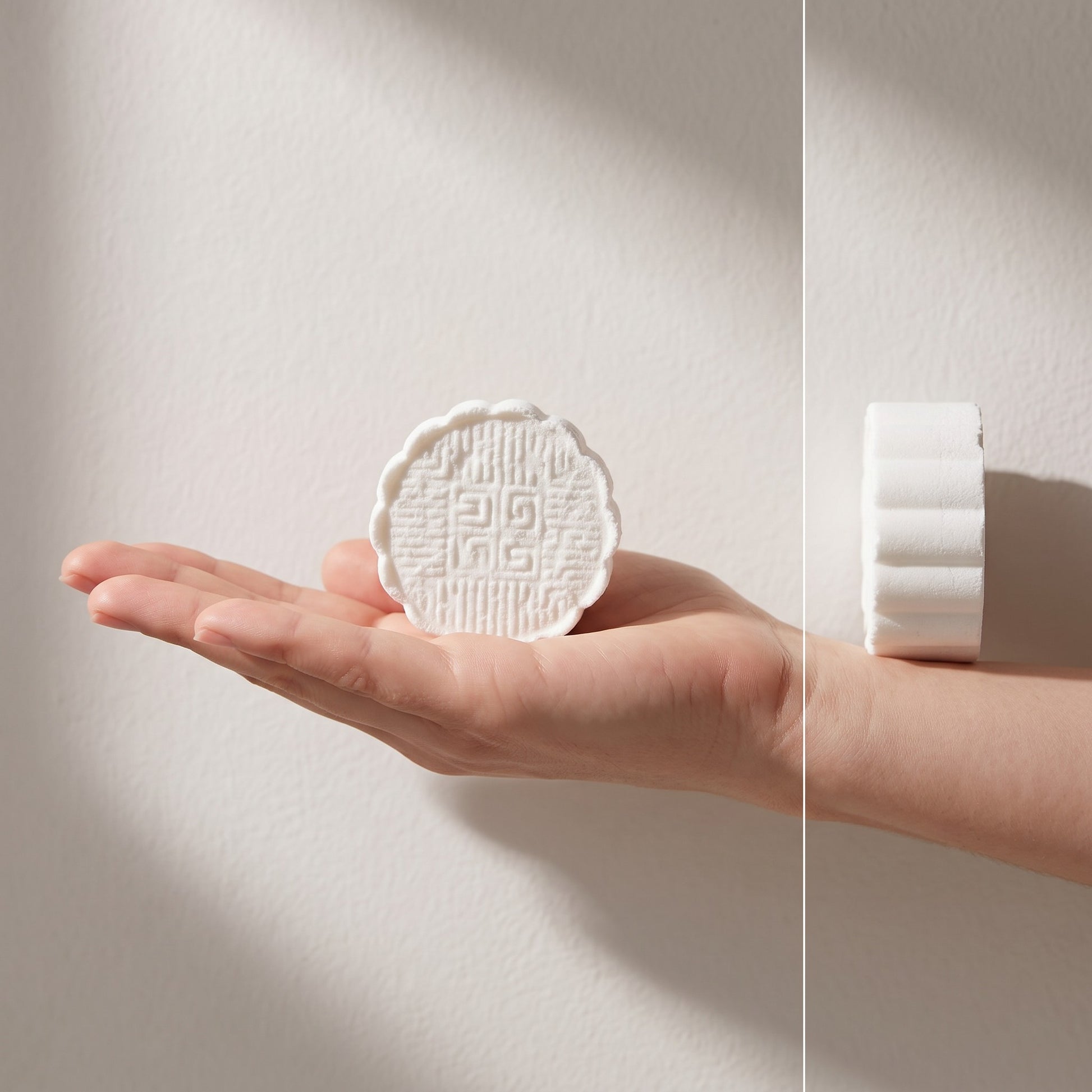 Pure Wash mint-scented shower steamer with a decorative embossed pattern held in a hand against a neutral background.