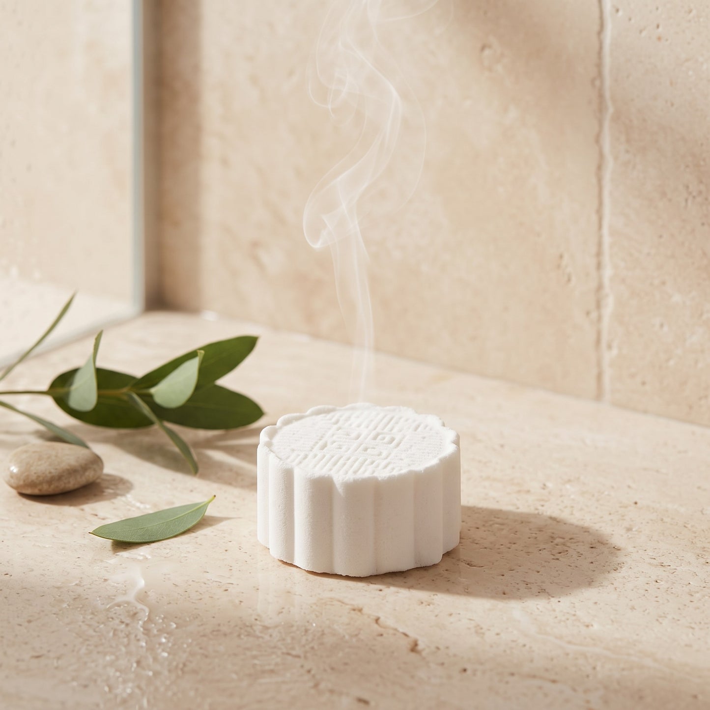 Pure Wash mint-scented shower steamer on a stone shower floor with eucalyptus leaves and rising aromatic steam