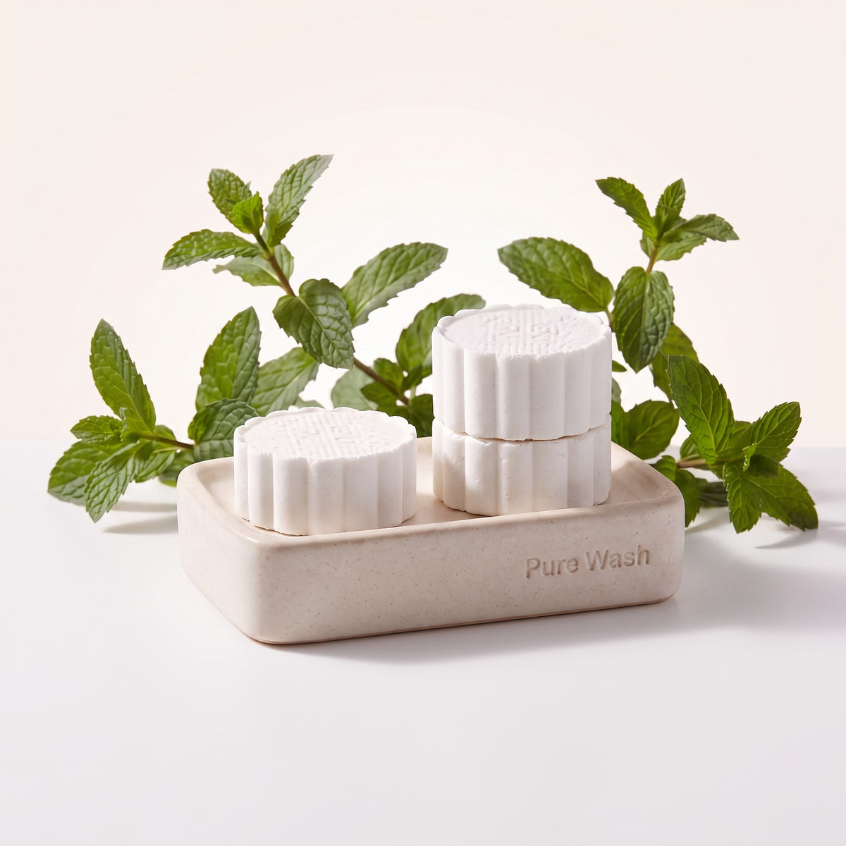 Pure Wash mint-scented shower steamers on a ceramic soap dish with fresh mint leaves for a refreshing aromatherapy