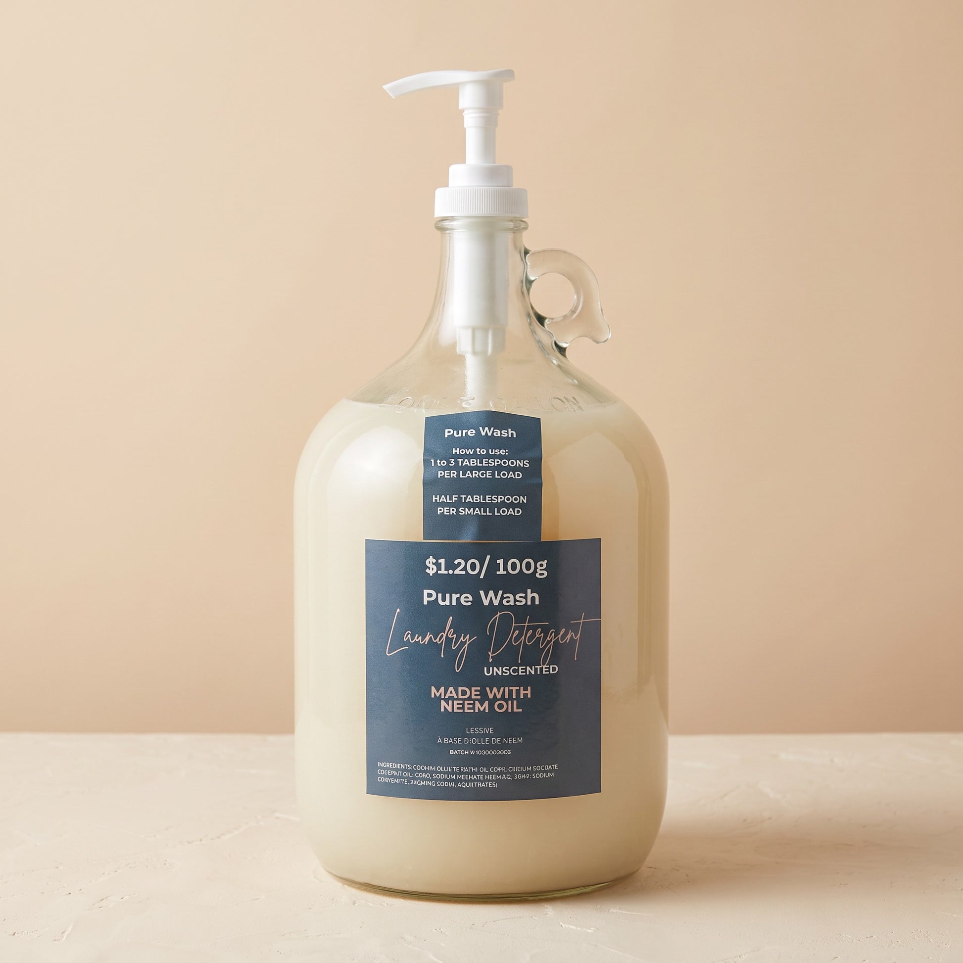Pure Wash laundry detergent in a large glass refill jug with a white pump dispenser against a neutral background