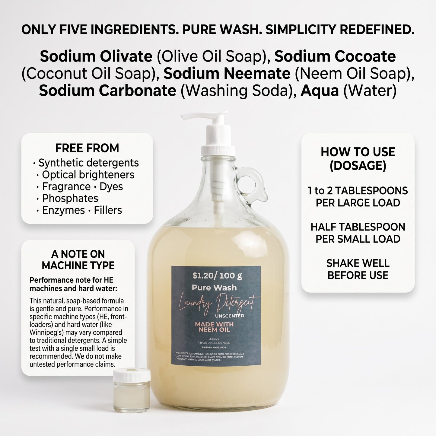 Pure Wash laundry detergent in a large glass refill jug with neem oil, featuring ingredient and usage instructions.