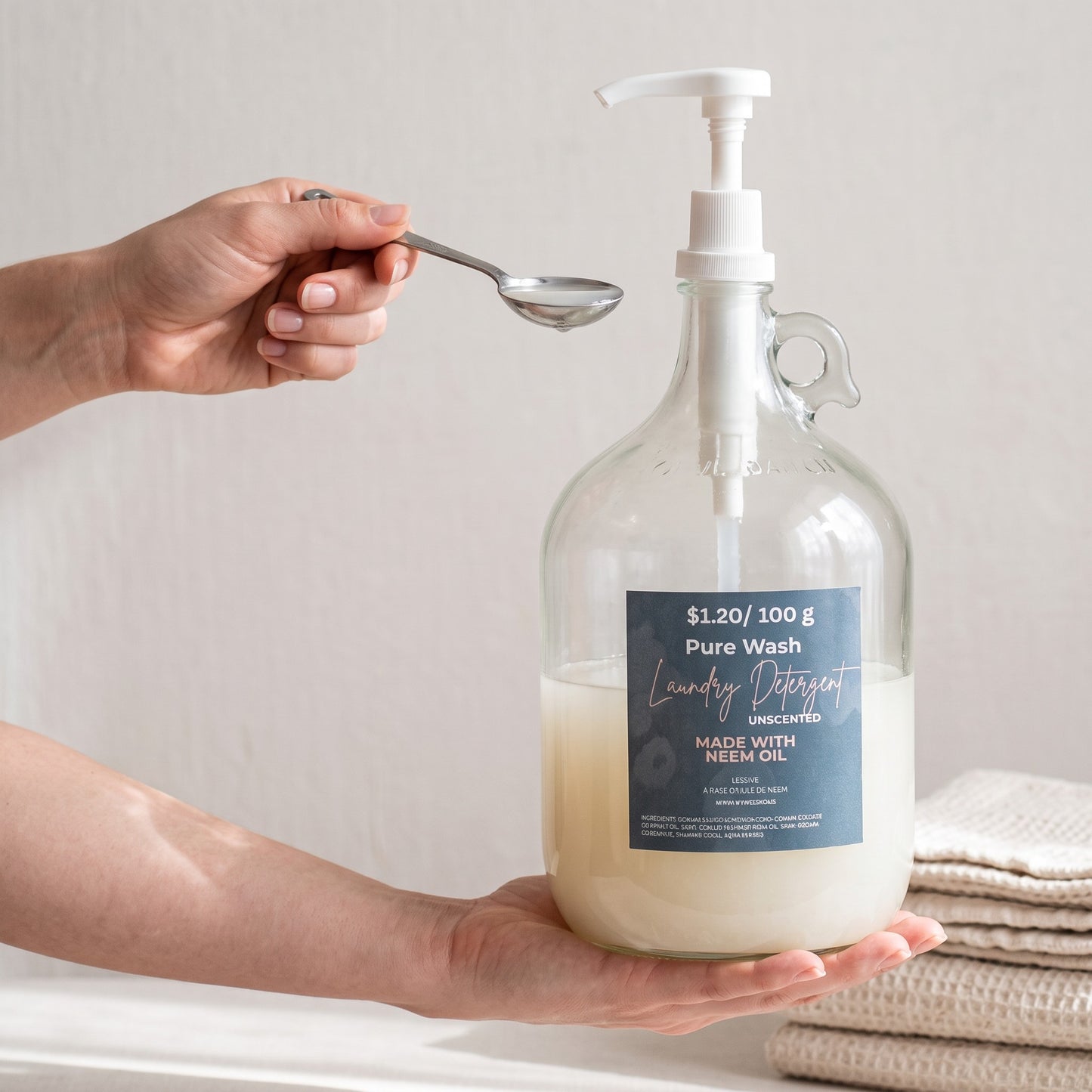 Pure Wash laundry detergent in a glass refill bottle with a pump dispenser, held by a hand with a measuring spoon.