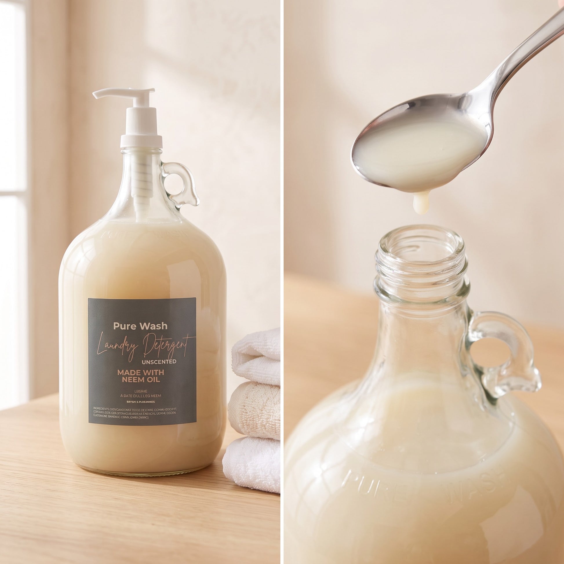Pure Wash laundry detergent in a glass refill bottle with neem oil, shown with a spoon and folded white towels.