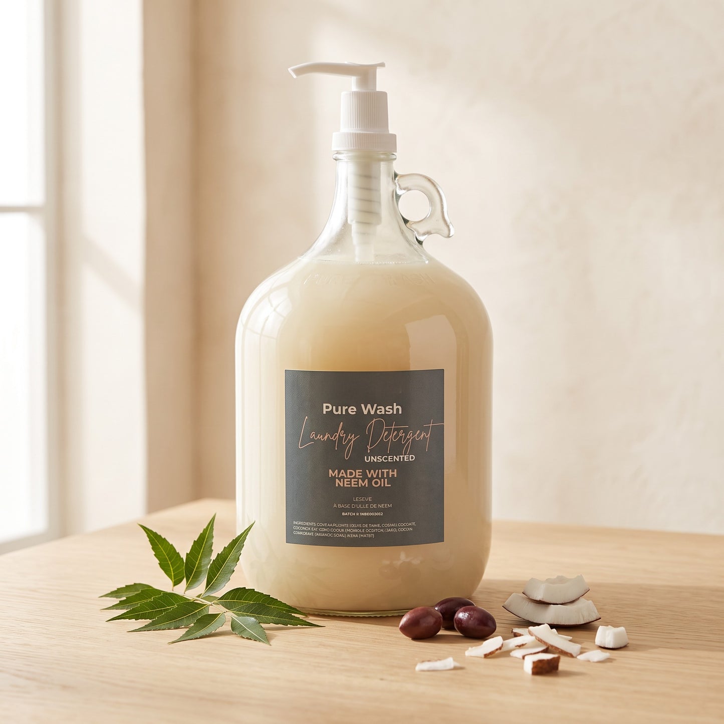 Pure Wash laundry detergent in a glass refill jug with neem oil, coconut pieces, and neem leaves on a wooden table.