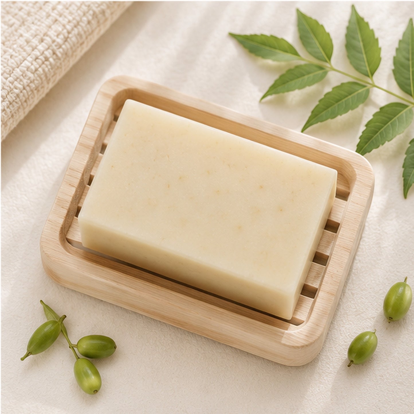 Pure Wash neem oil soap bar on a wooden dish with fresh neem leaves and fruit for sensitive skin relief