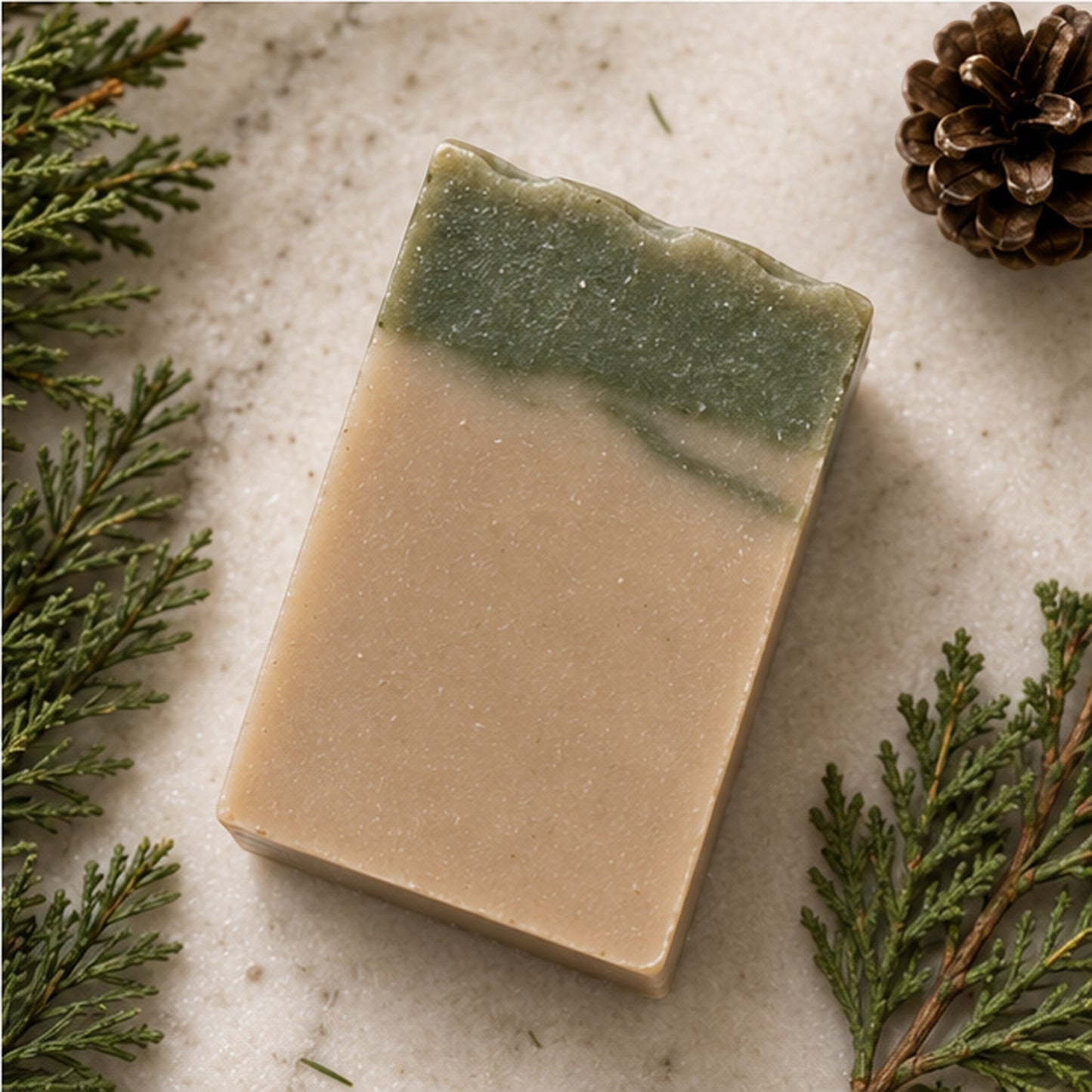 Pure Wash O’ Christmas Tree Bar Soap with a two-tone green and beige design, scented with fresh pine for holiday gifting.