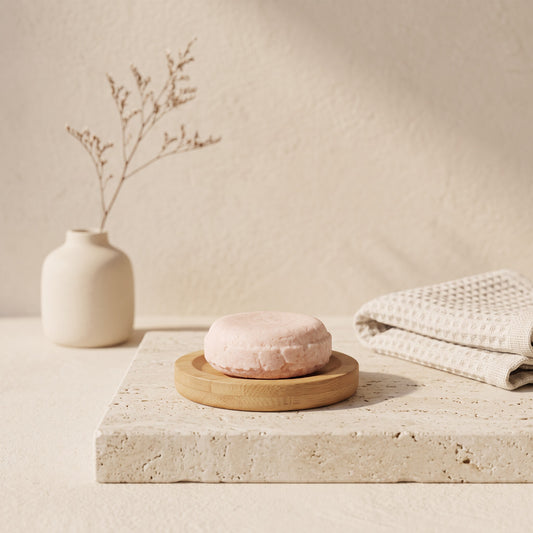 Pure Wash solid shampoo bar in soft pink on a wooden dish, set on a stone surface with a vase and waffle towel.