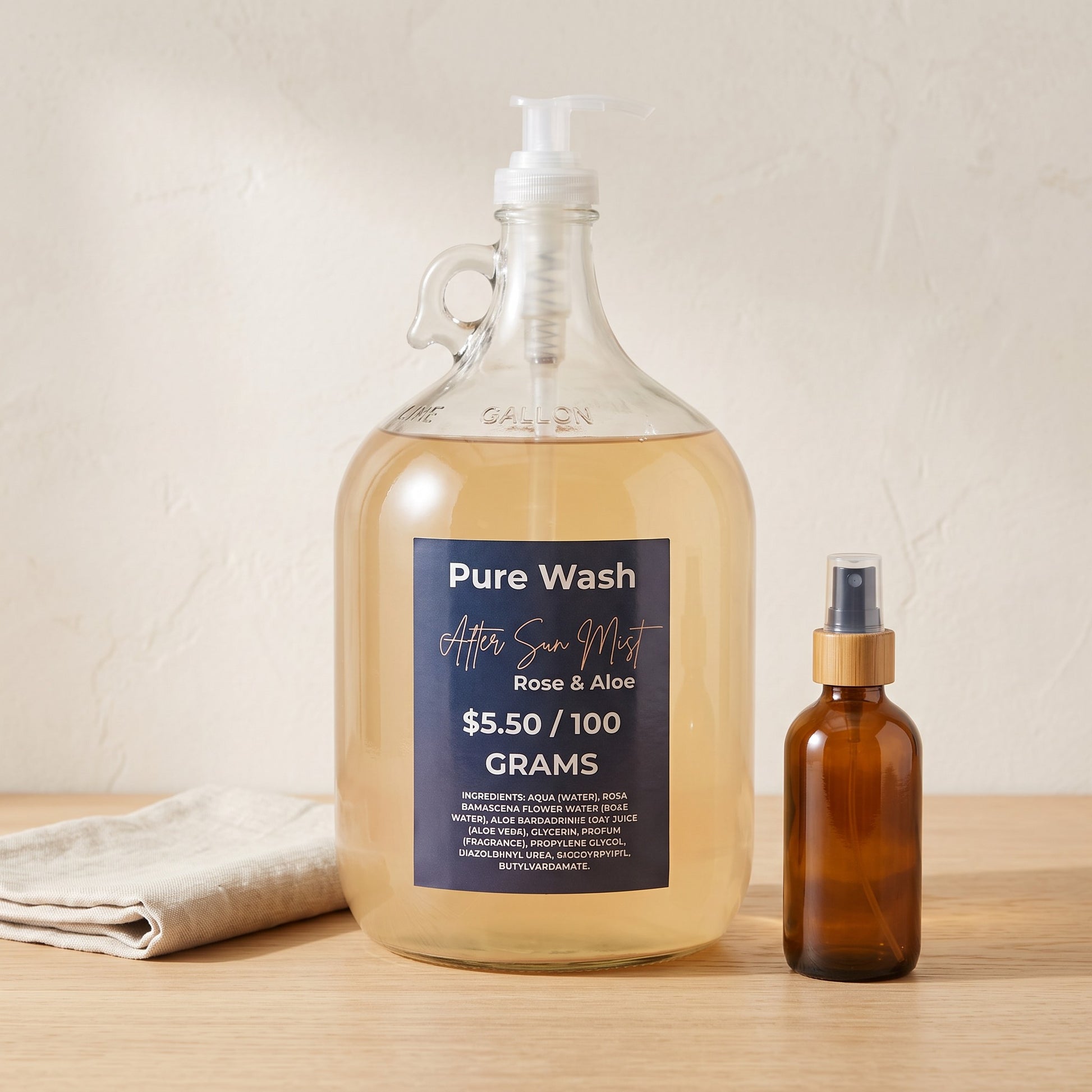 Pure Wash Rose & Aloe After-Sun Hydrating Mist refill gallon jug and small amber glass spray bottle on wooden table