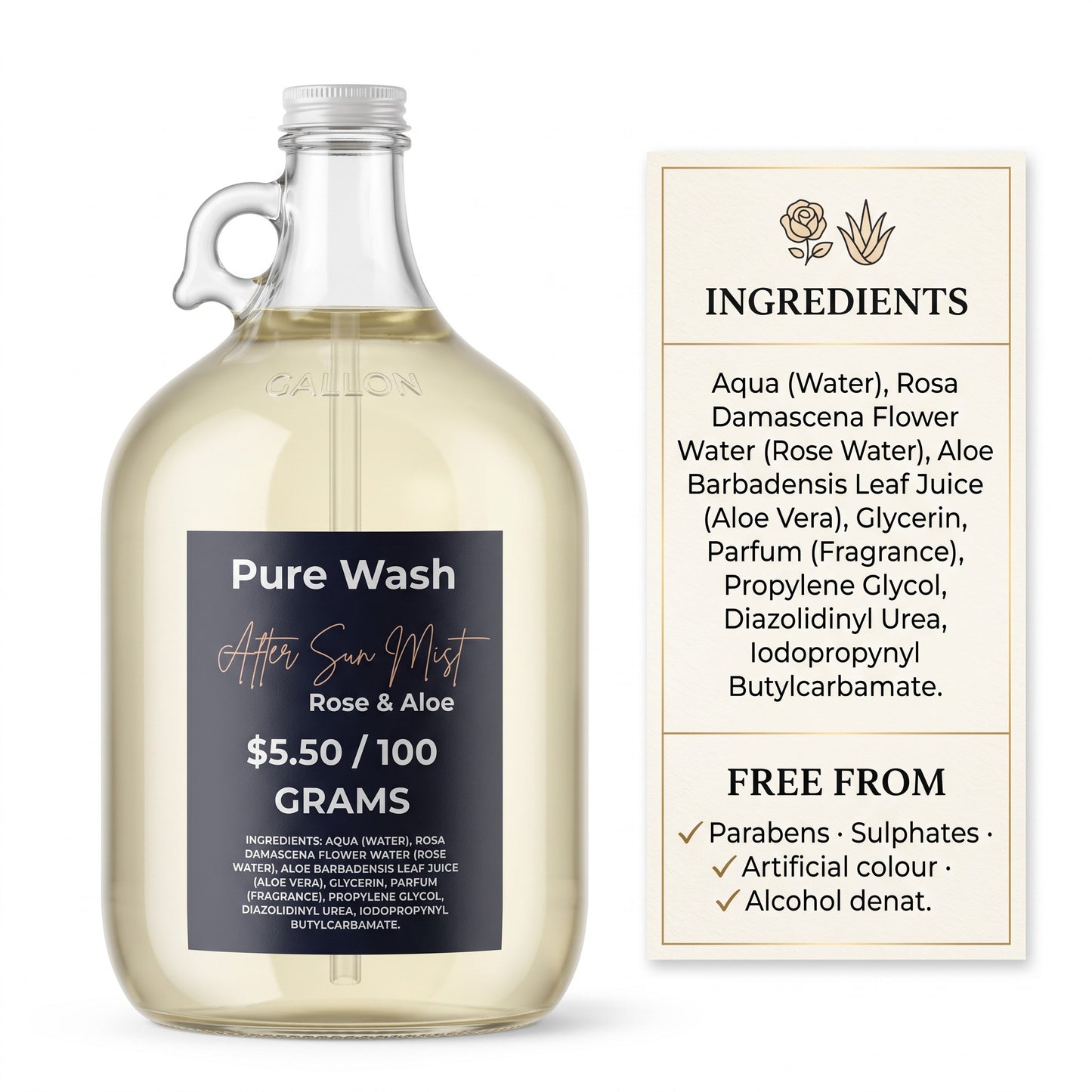 Pure Wash Rose & Aloe after-sun hydrating mist in a large glass refill jug with a detailed ingredient label.