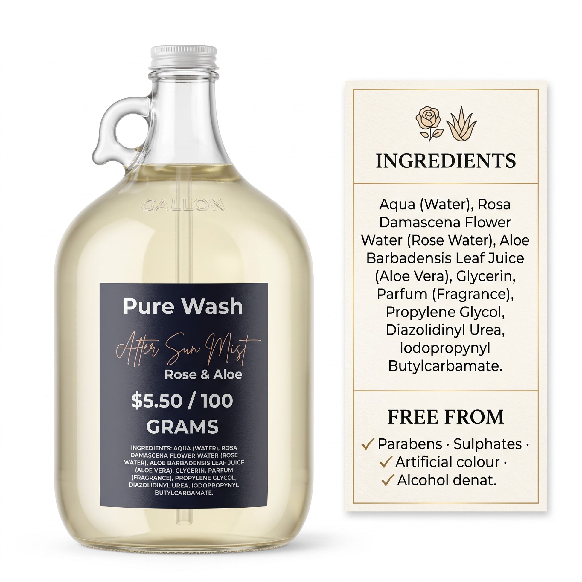 Pure Wash Rose & Aloe after-sun hydrating mist in a large glass refill jug with a detailed ingredient label.