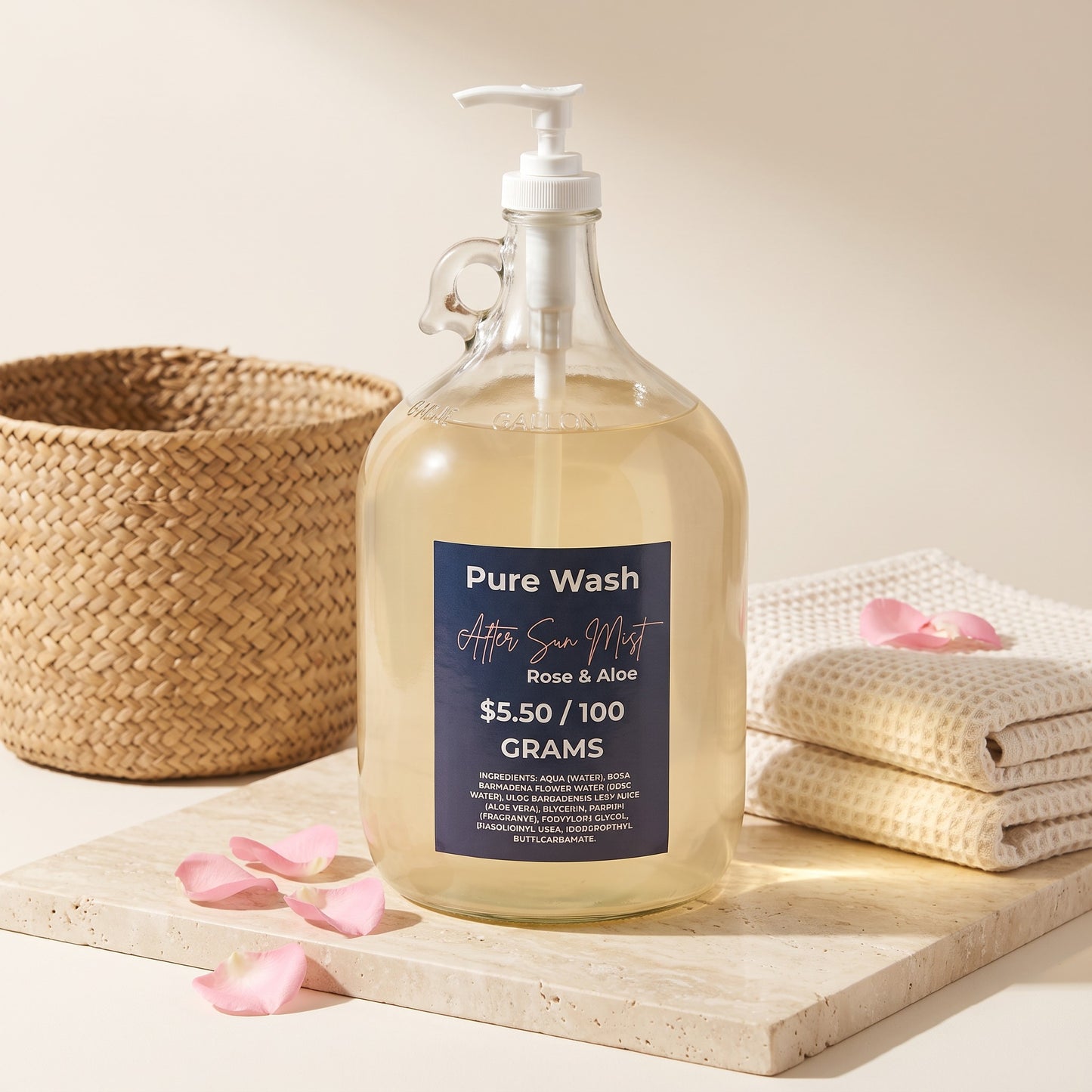 Pure Wash Rose & Aloe after-sun hydrating mist in a large glass refill jug on a stone tray with rose petals.