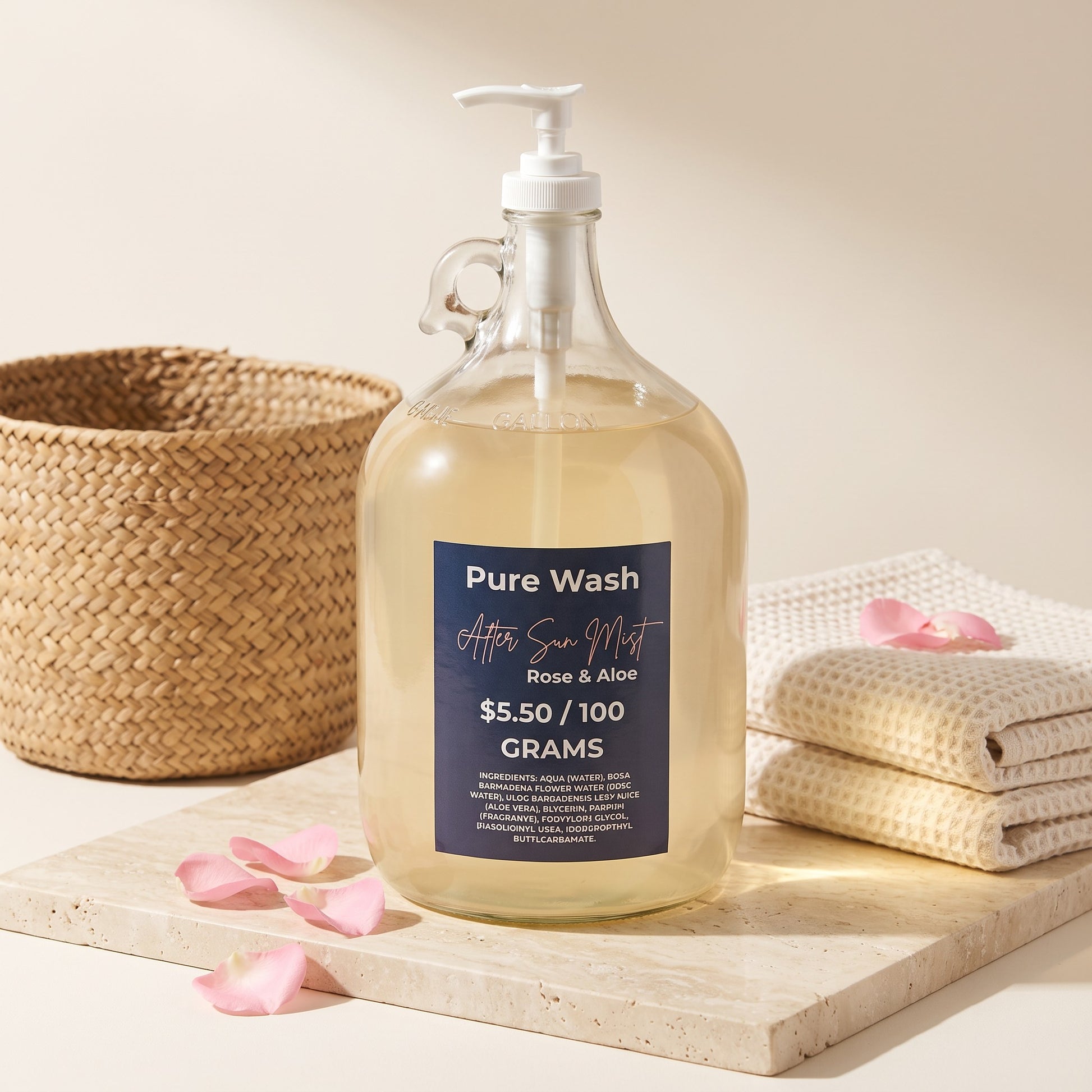 Pure Wash Rose & Aloe after-sun hydrating mist in a large glass refill jug on a stone tray with rose petals.